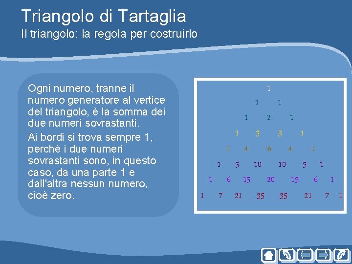 Triangolo di Tartaglia Il triangolo: la regola per costruirlo Ogni numero, tranne il numero Triangolo di Tartaglia Il triangolo: la regola per costruirlo Ogni numero, tranne il numero