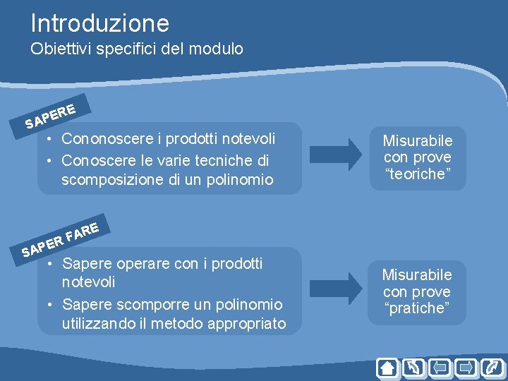 Introduzione Obiettivi specifici del modulo RE E P SA • Cononoscere i prodotti notevoli Introduzione Obiettivi specifici del modulo RE E P SA • Cononoscere i prodotti notevoli