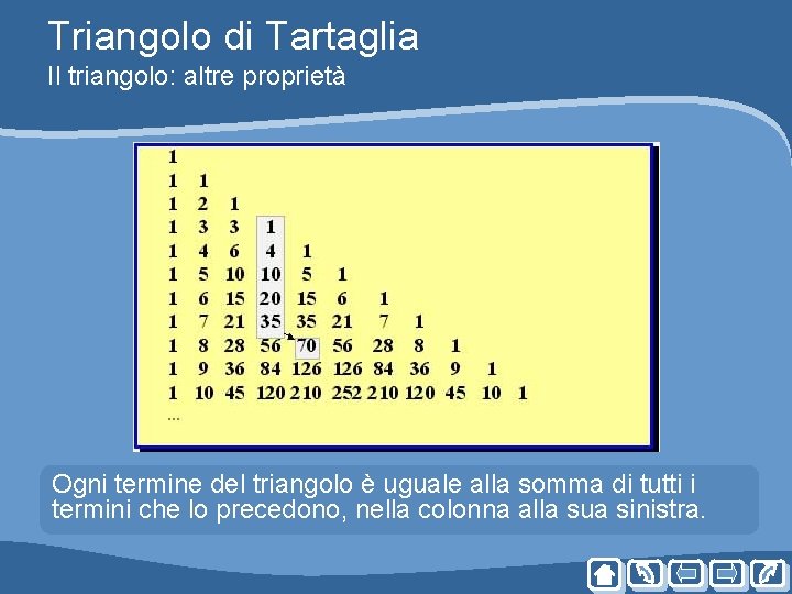 Triangolo di Tartaglia Il triangolo: altre proprietà Ogni termine del triangolo è uguale alla Triangolo di Tartaglia Il triangolo: altre proprietà Ogni termine del triangolo è uguale alla