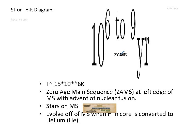 SF on H-R Diagram: summary Recall column ZAMS • T~ 15*10**6 K • Zero