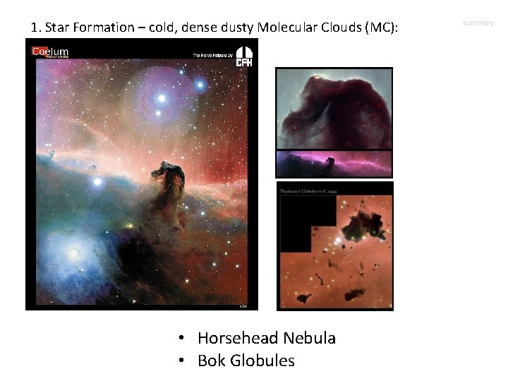 1. Star Formation – cold, dense dusty Molecular Clouds (MC): Recall column • Horsehead