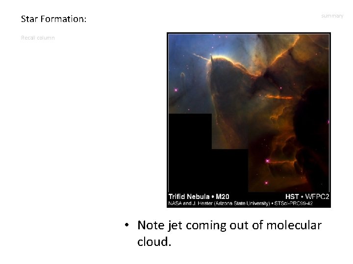 Star Formation: summary Recall column • Note jet coming out of molecular cloud. 