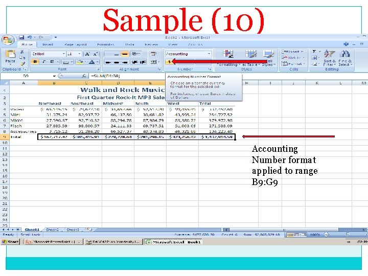 Sample (10) Accounting Number format applied to range B 9: G 9 