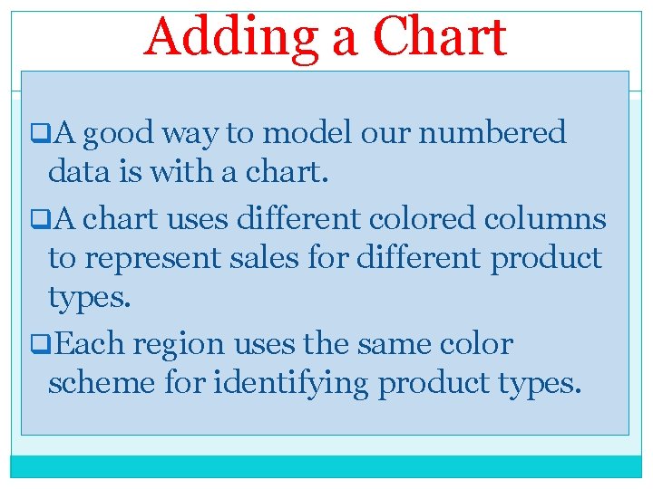 Adding a Chart q. A good way to model our numbered data is with