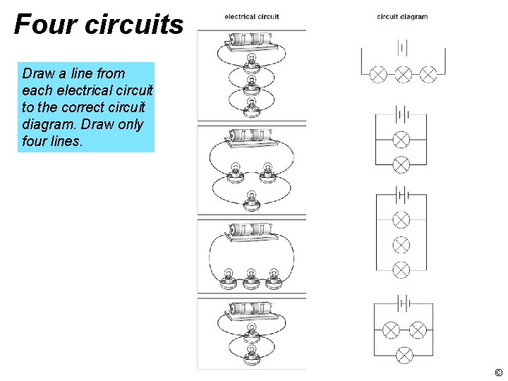 Four circuits Draw a line from each electrical circuit to the correct circuit diagram.