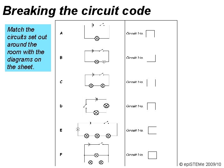 Breaking the circuit code Match the circuits set out around the room with the
