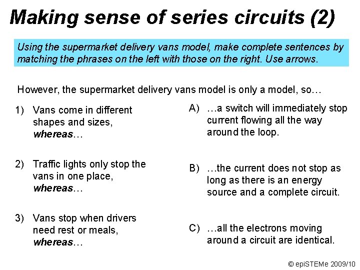 Making sense of series circuits (2) Using the supermarket delivery vans model, make complete