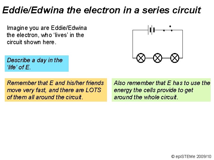 Eddie/Edwina the electron in a series circuit Imagine you are Eddie/Edwina the electron, who