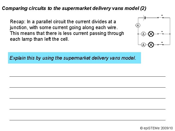 Comparing circuits to the supermarket delivery vans model (2) Recap: In a parallel circuit