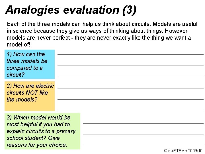 Analogies evaluation (3) Each of the three models can help us think about circuits.