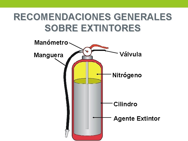 RECOMENDACIONES GENERALES SOBRE EXTINTORES Manómetro Manguera Válvula Nitrógeno Cilindro Agente Extintor 