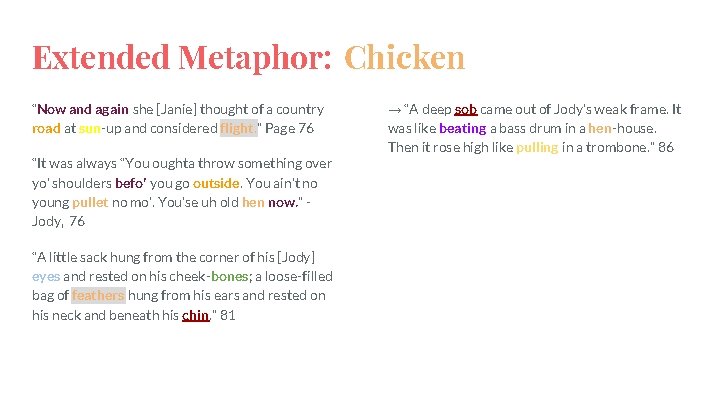 Extended Metaphor: Chicken “Now and again she [Janie] thought of a country road at