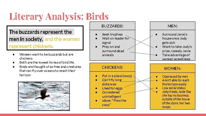 Literary Analysis: Birds BUZZARDS: The buzzards represent the men in society, and the women