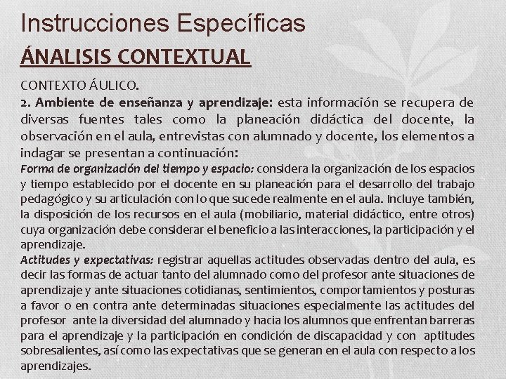 Instrucciones Específicas ÁNALISIS CONTEXTUAL CONTEXTO ÁULICO. 2. Ambiente de enseñanza y aprendizaje: esta información