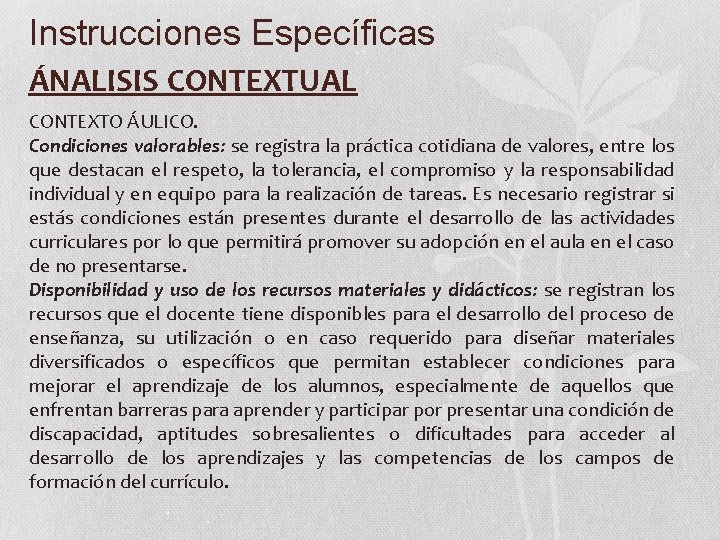 Instrucciones Específicas ÁNALISIS CONTEXTUAL CONTEXTO ÁULICO. Condiciones valorables: se registra la práctica cotidiana de