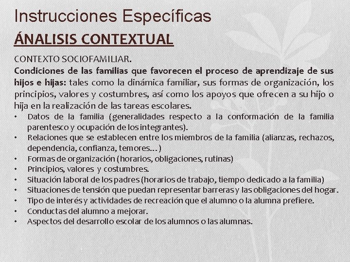 Instrucciones Específicas ÁNALISIS CONTEXTUAL CONTEXTO SOCIOFAMILIAR. Condiciones de las familias que favorecen el proceso