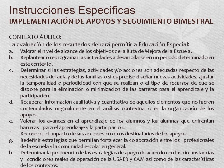 Instrucciones Específicas IMPLEMENTACIÓN DE APOYOS Y SEGUIMIENTO BIMESTRAL CONTEXTO ÁULICO: La evaluación de los