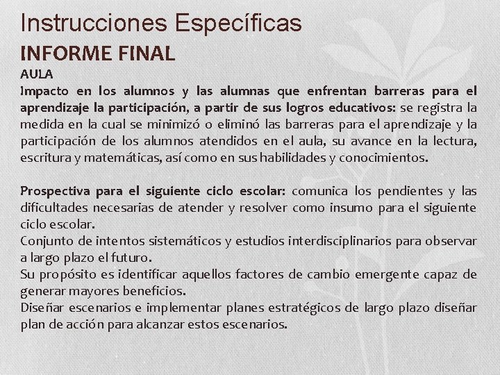 Instrucciones Específicas INFORME FINAL AULA Impacto en los alumnos y las alumnas que enfrentan