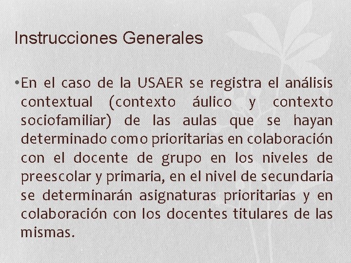 Instrucciones Generales • En el caso de la USAER se registra el análisis contextual