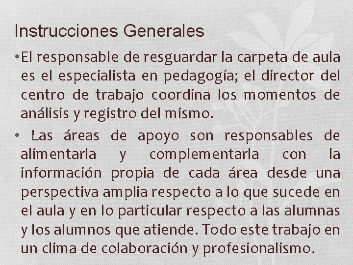 Instrucciones Generales • El responsable de resguardar la carpeta de aula es el especialista