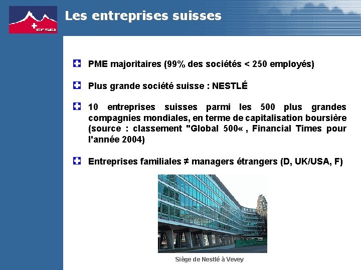 Les entreprises suisses PME majoritaires (99% des sociétés < 250 employés) Plus grande société