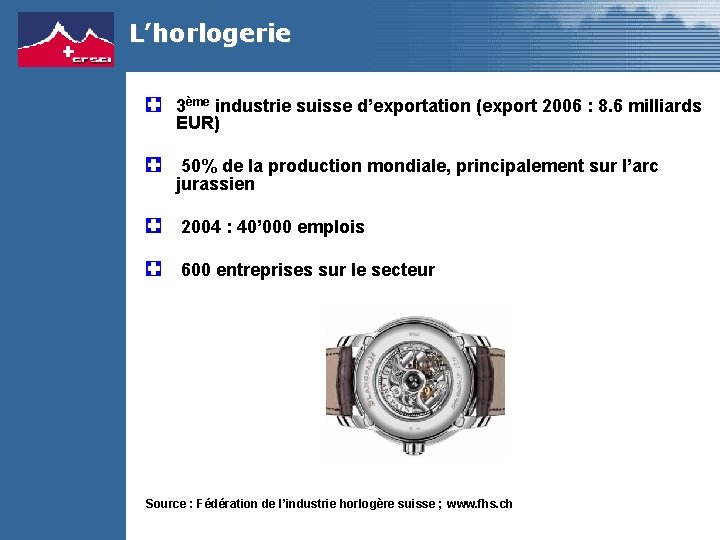 L’horlogerie 3ème industrie suisse d’exportation (export 2006 : 8. 6 milliards EUR) 50% de