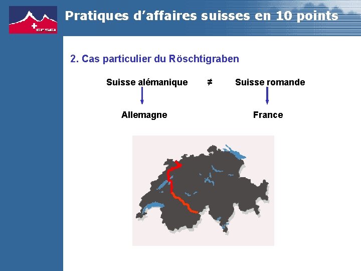 Pratiques d’affaires suisses en 10 points 2. Cas particulier du Röschtigraben Suisse alémanique ≠