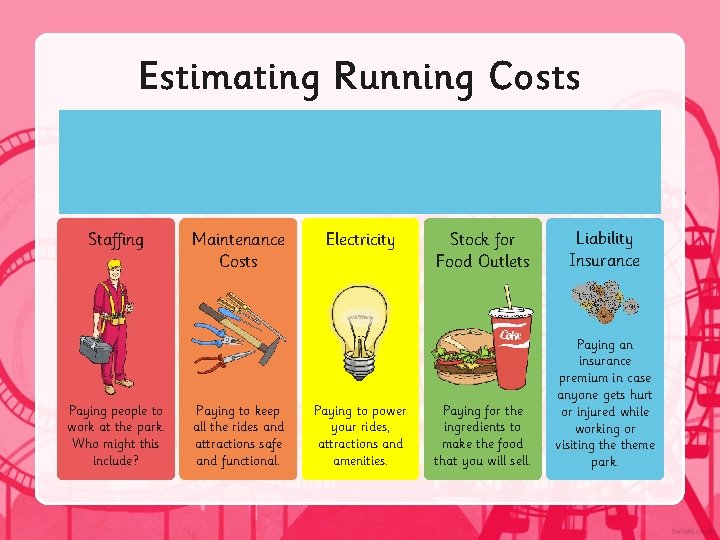 Estimating Running Costs Staffing Paying people to work at the park. Who might this