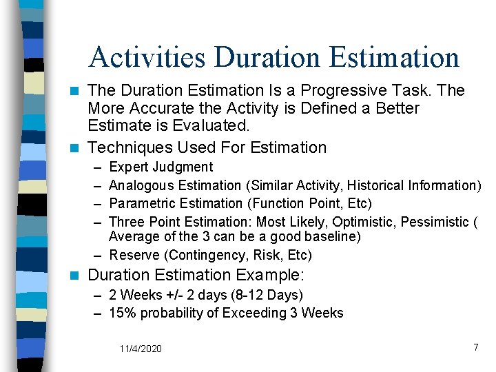 Activities Duration Estimation The Duration Estimation Is a Progressive Task. The More Accurate the