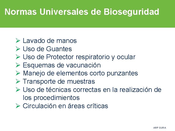 Normas Universales de Bioseguridad Ø Lavado de manos Ø Uso de Guantes Ø Uso