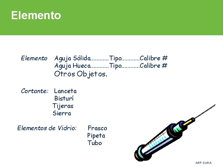 Elemento Aguja Sólida. . . Tipo. . . Calibre # Aguja Hueca. . .