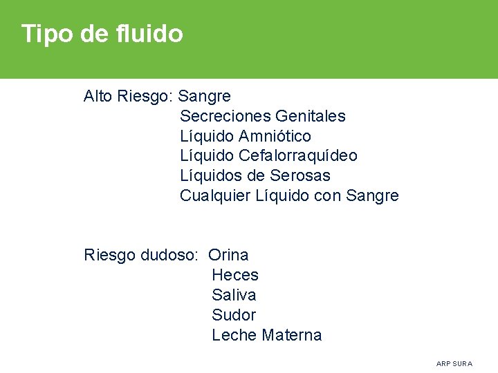Tipo de fluido Alto Riesgo: Sangre Secreciones Genitales Líquido Amniótico Líquido Cefalorraquídeo Líquidos de