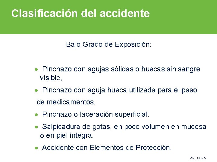 Clasificación del accidente Bajo Grado de Exposición: · Pinchazo con agujas sólidas o huecas