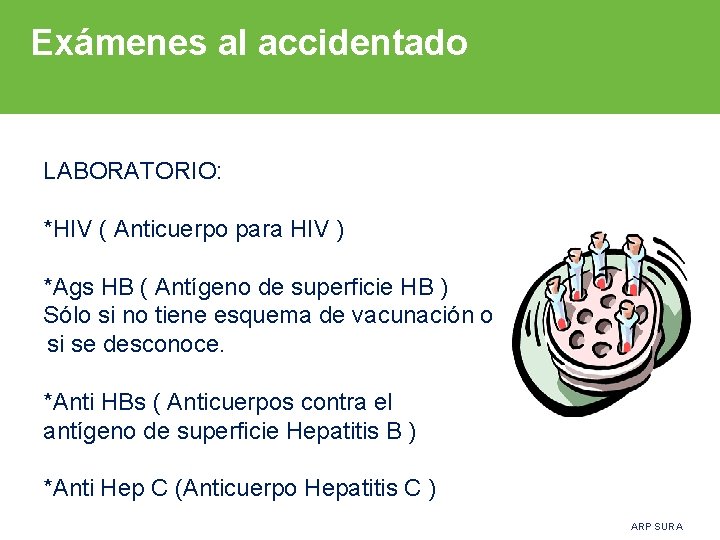 Exámenes al accidentado LABORATORIO: *HIV ( Anticuerpo para HIV ) *Ags HB ( Antígeno
