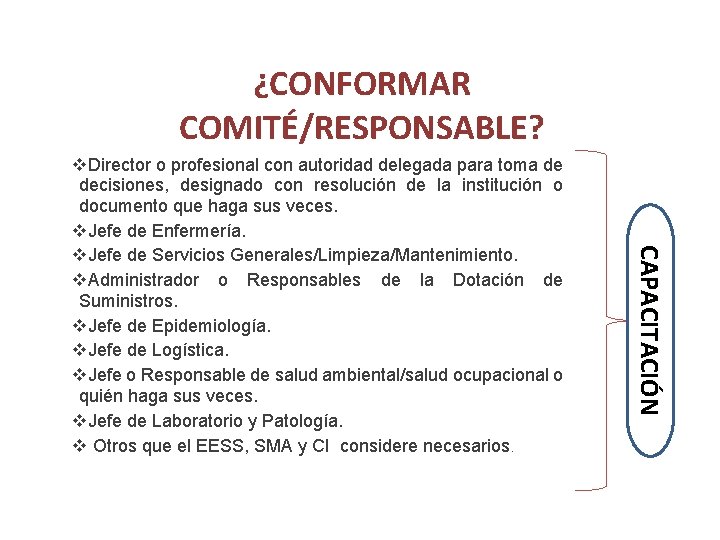 ¿CONFORMAR COMITÉ/RESPONSABLE? CAPACITACIÓN v. Director o profesional con autoridad delegada para toma de decisiones,