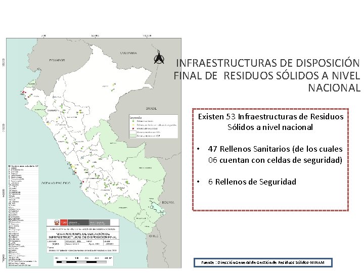 INFRAESTRUCTURAS DE DISPOSICIÓN FINAL DE RESIDUOS SÓLIDOS A NIVEL NACIONAL Existen 53 Infraestructuras de