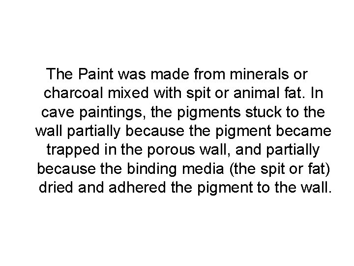 The Paint was made from minerals or charcoal mixed with spit or animal fat.