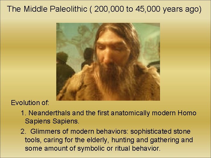 The Middle Paleolithic ( 200, 000 to 45, 000 years ago) Evolution of: 1.