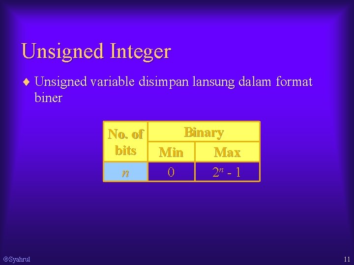 Unsigned Integer ¨ Unsigned variable disimpan lansung dalam format biner No. of bits n