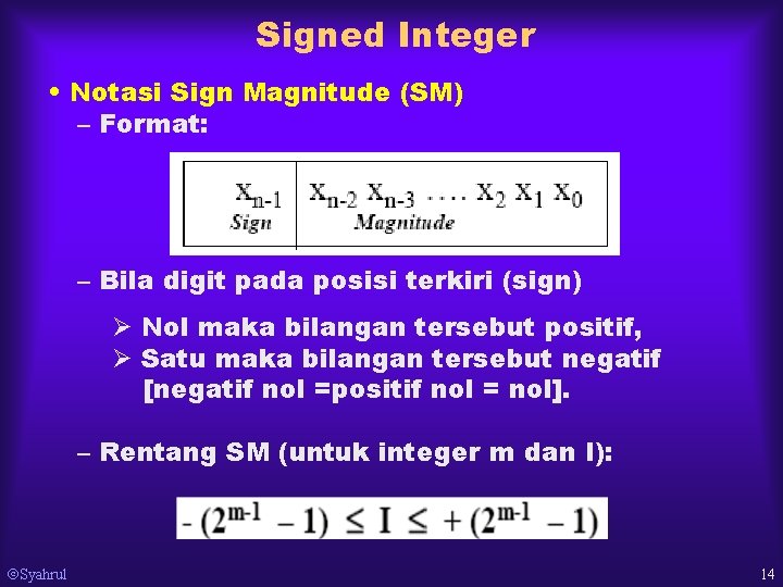 Signed Integer • Notasi Sign Magnitude (SM) – Format: – Bila digit pada posisi