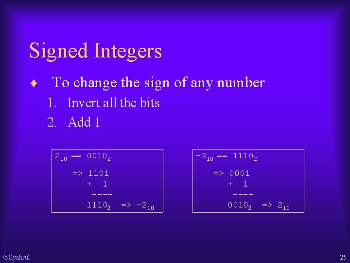 Signed Integers ¨ To change the sign of any number 1. Invert all the