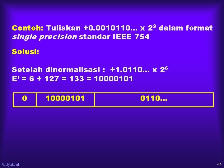 Contoh: Tuliskan +0. 0010110… x 29 dalam format single precision standar IEEE 754 Solusi: