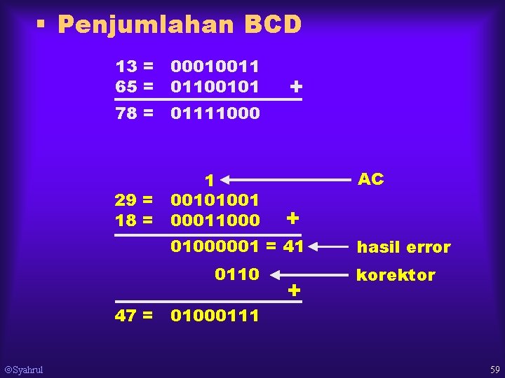 § Penjumlahan BCD 13 = 00010011 65 = 01100101 78 = 01111000 1 29