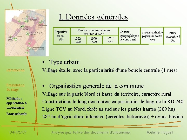 I. Données générales Superficie en ha : 804 Évolution démographique (en nbre d’hab. )
