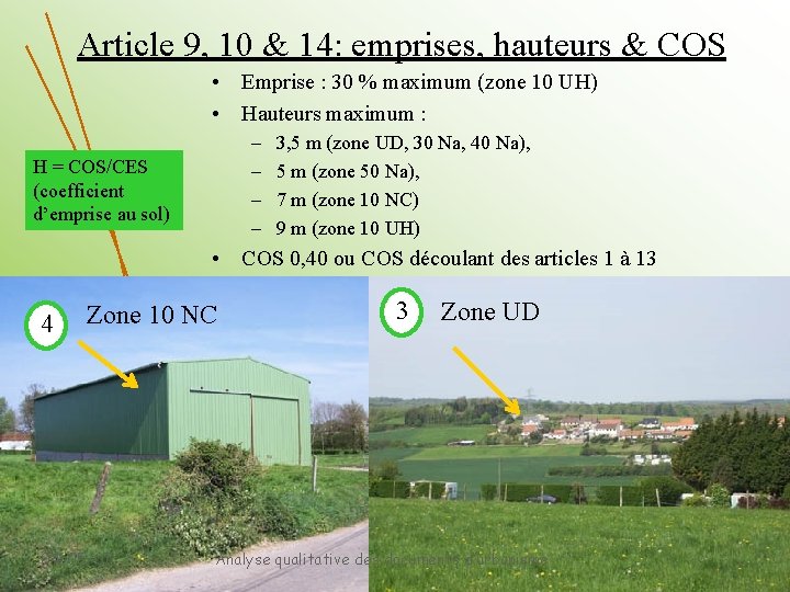 Article 9, 10 & 14: emprises, hauteurs & COS • Emprise : 30 %