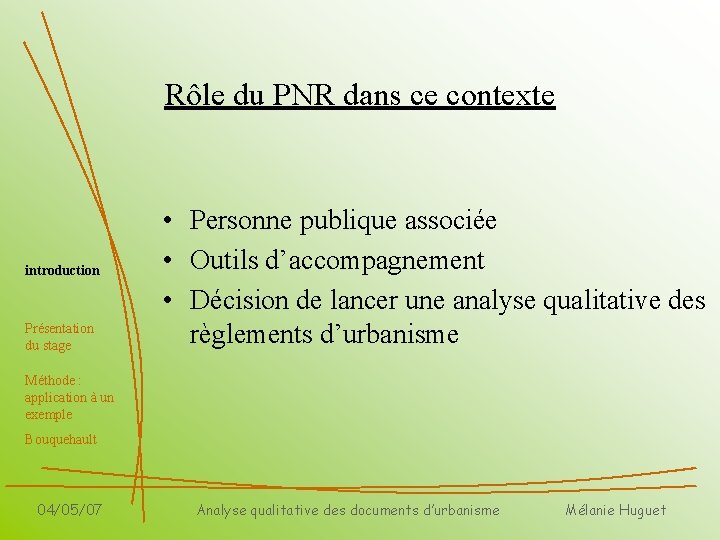 Rôle du PNR dans ce contexte introduction Présentation du stage • Personne publique associée