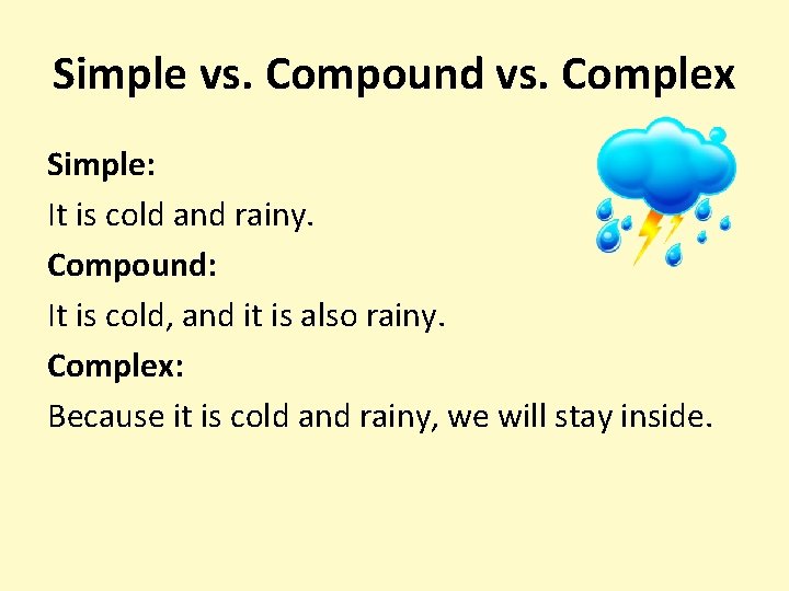 Simple vs. Compound vs. Complex Simple: It is cold and rainy. Compound: It is