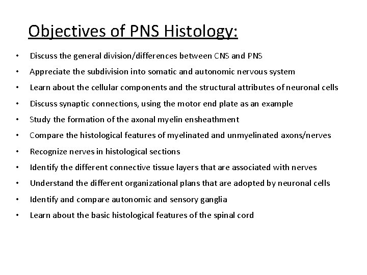 Objectives of PNS Histology: • Discuss the general division/differences between CNS and PNS •