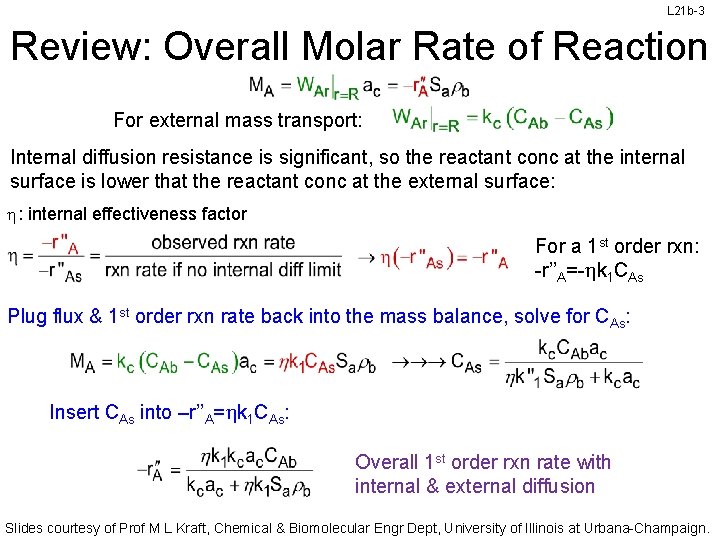 L 21 b-3 Review: Overall Molar Rate of Reaction For external mass transport: Internal