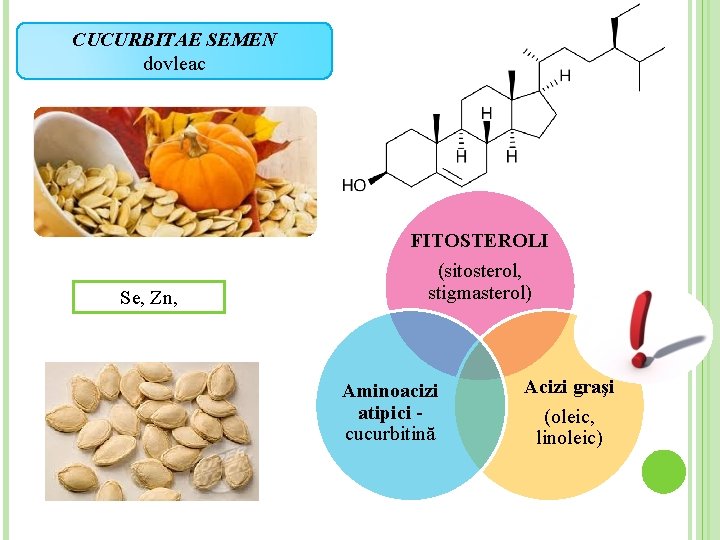 CUCURBITAE SEMEN dovleac Se, Zn, FITOSTEROLI (sitosterol, stigmasterol) Aminoacizi atipici cucurbitină Acizi graşi (oleic,